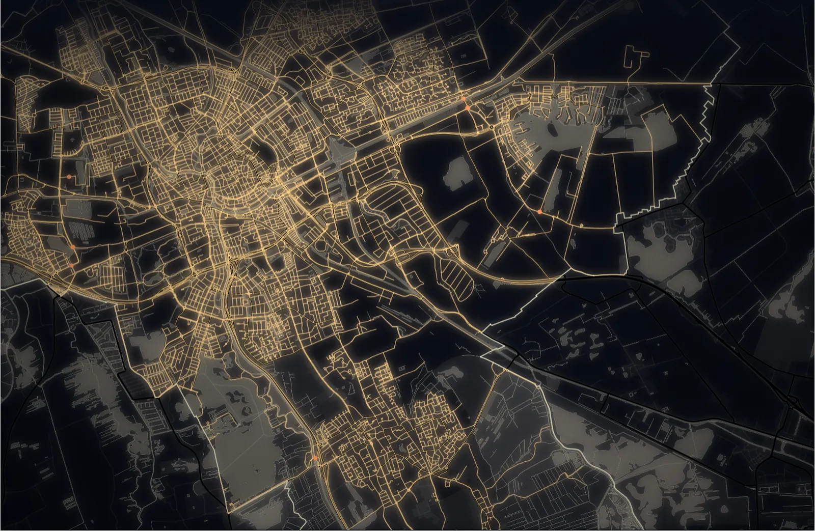 Het wegennet van de gemeente Groningen als lichtgevende lijnen op een donkere kaart