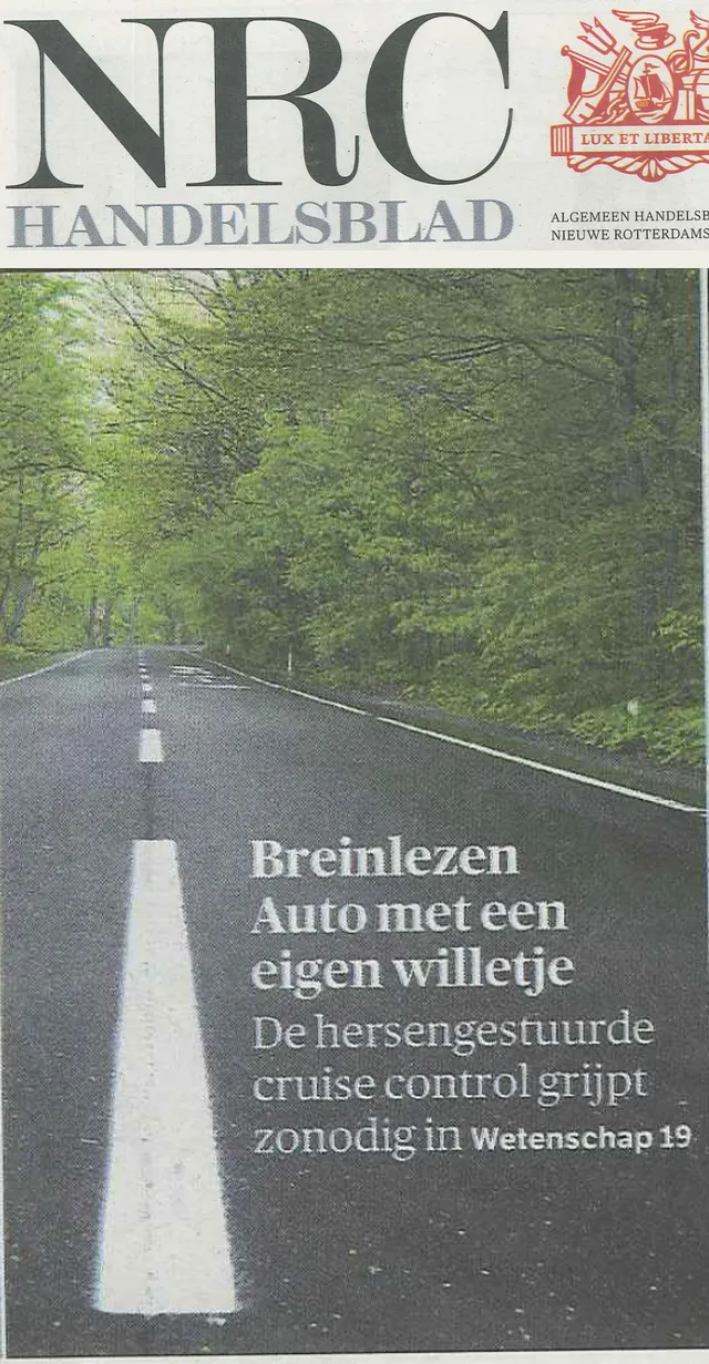 Voorpagina van NRC Handelsblad van 5 juni 2014 met de verwijzing: Breinlezen. Auto met een eigen willetje