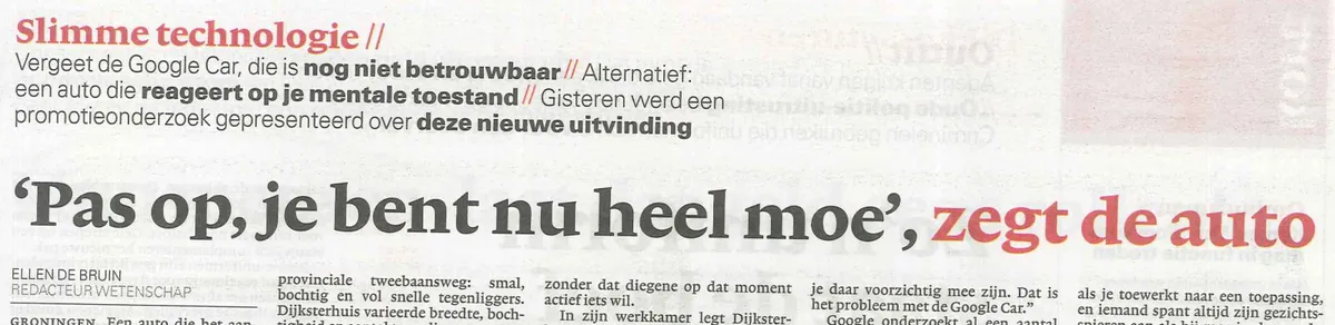 Kop in nrc.next: Pas op, je bent nu heel moe, zegt de auto